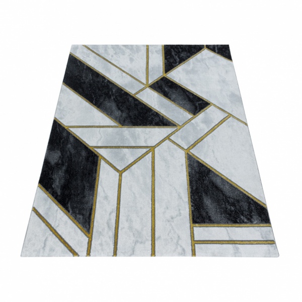 Teppich Kurzflor Modern Geometrisches Design Schwarz Wei & Gold