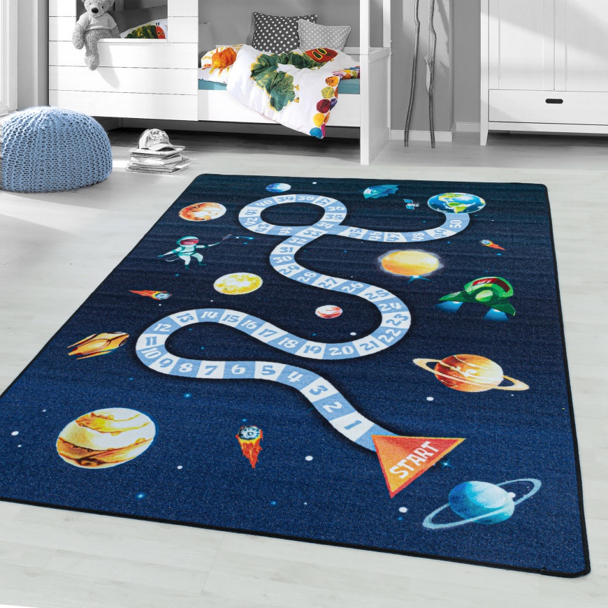 Kurzflor Kinderteppich Marineblau mit Weltraummotiv